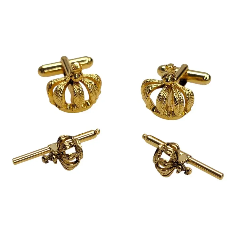 Vintage Gold Tone Royal Crown Cufflinks & Tuxedo Shirt Studs 4Pc Formal Set